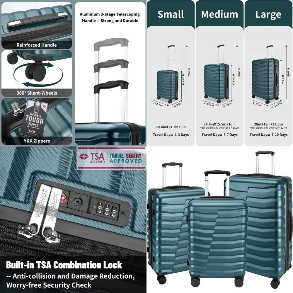 

Compact Spinner Luggage Set with YKK Zipper, TSA Lock, Teal Blue (20, 24, 28) ABS+PC Hardshell