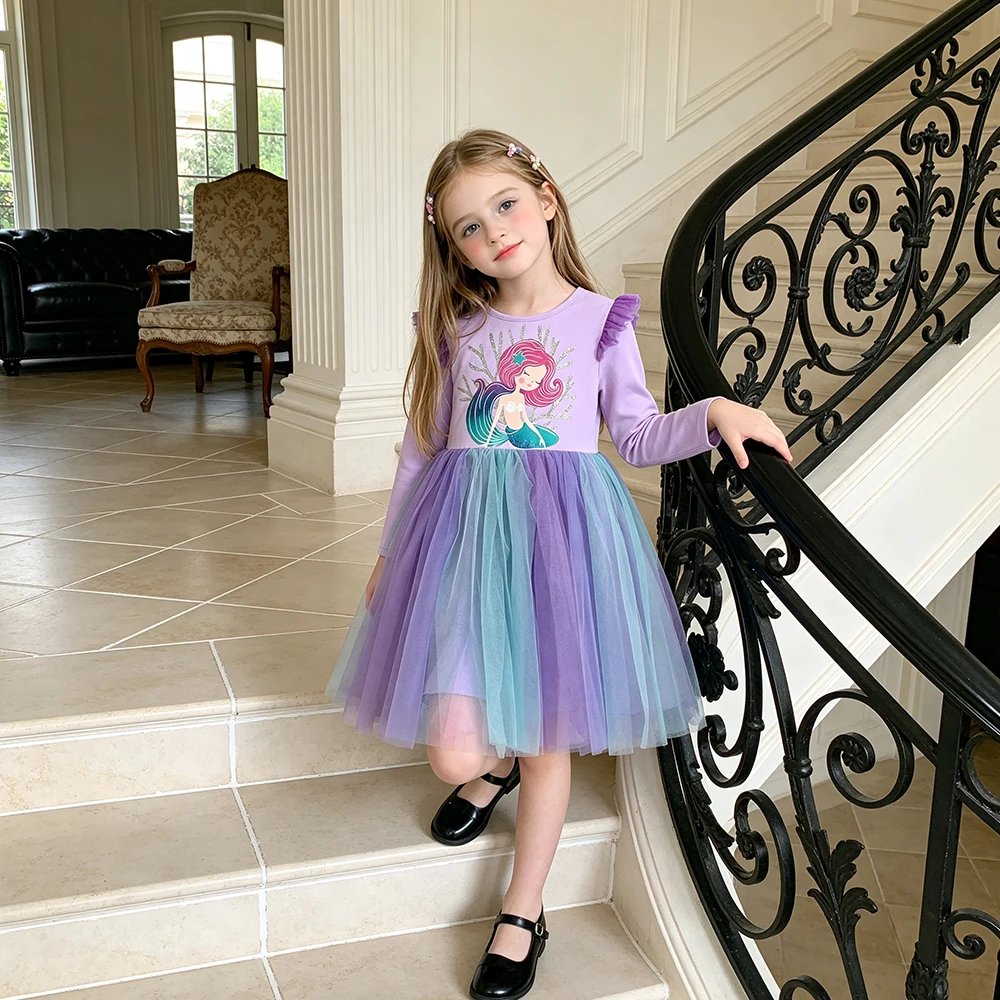2024 neue Prinzessin Kleid Meerjungfrau Frühling Herbst Mädchen Kleid Rüschen Lange ärmeln kinder Party Kleidung Gradienten Mesh Kinder kleid – Detail 2