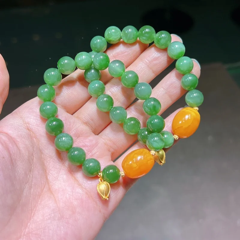 

Hetian Jade Bracelet Spinach Green No Black Dots Silver Plated Accessories Natural Old Beeswax Jujube Beads B