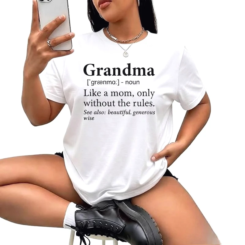 Grandma Definition Grandmother Grandparents Printed Women's T-Shirt Funny Graphic Short Sleeve Tee Novelty Casual Crew Neck Tops