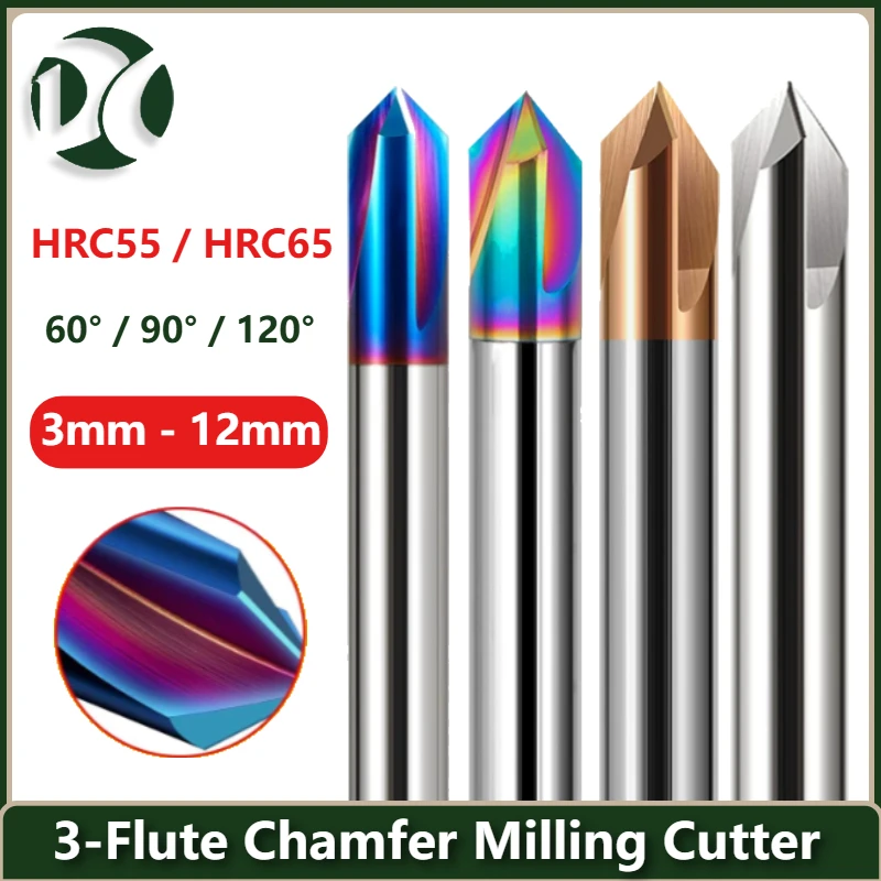 HRC65 HRC55 3-Flute Carbide Chamfer End Mill 60 90 120 Deg CNC Router Bit Engraving Tool 1-8mm
