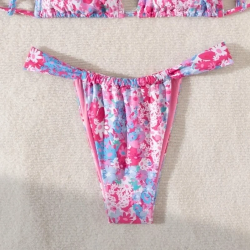 Drukowane Bikini Push Up Kostium Kąpielowy Damski Sexy Sznurowane Bez Pleców Trójkątne Stringi Mikro Bikini 2025 Nowy Strój Kąpielowy Dwuczęściowy na Wakacje na Plaży
