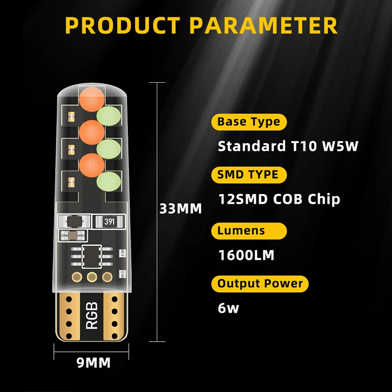 1set T10 W5w RGB LED Bulb Remote Control COB Lamp Car Interior Lighting Reading Wedge Dome Trunk License Plate Light 12V