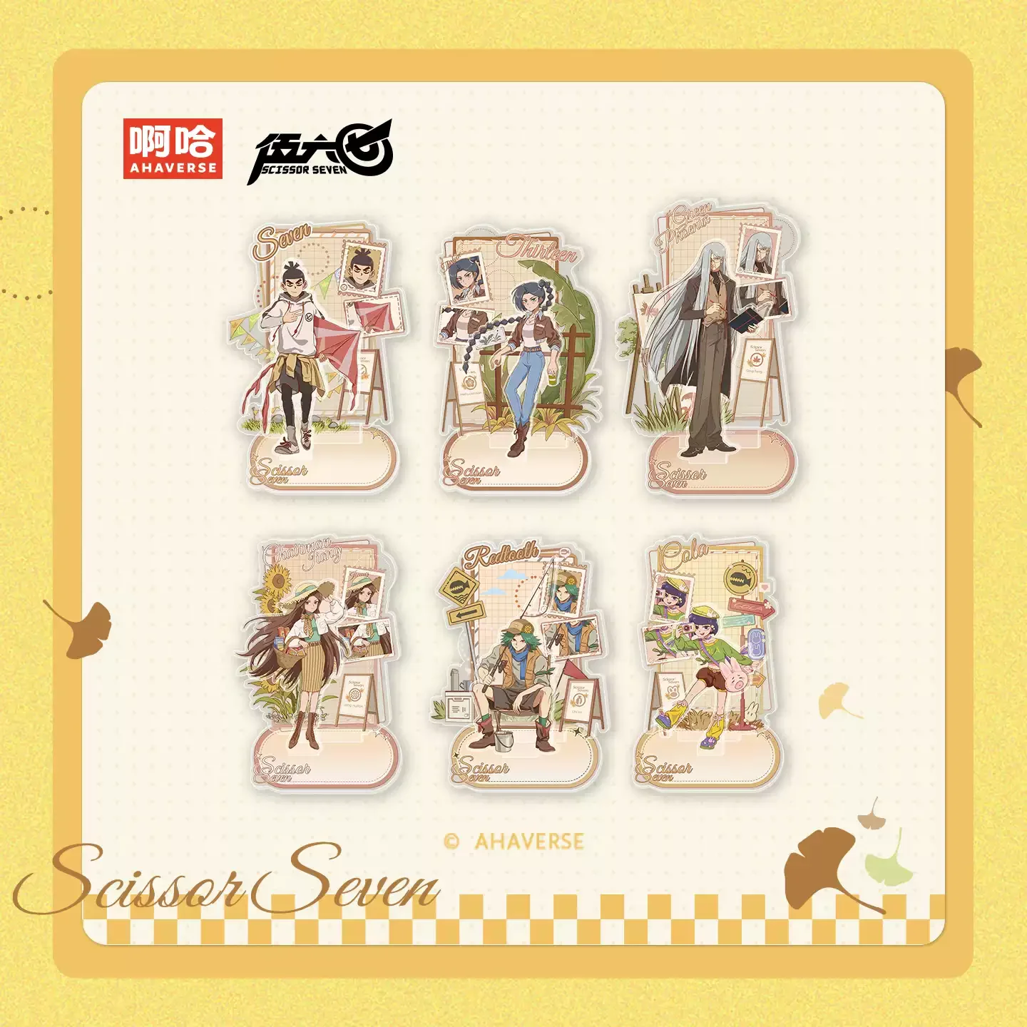 Letrero acrílico de pie de la serie Genuine Scissor Seven · Autumn Stroll con personajes de Killer Seven, Thirteen, Qing Feng y Cola Zhang