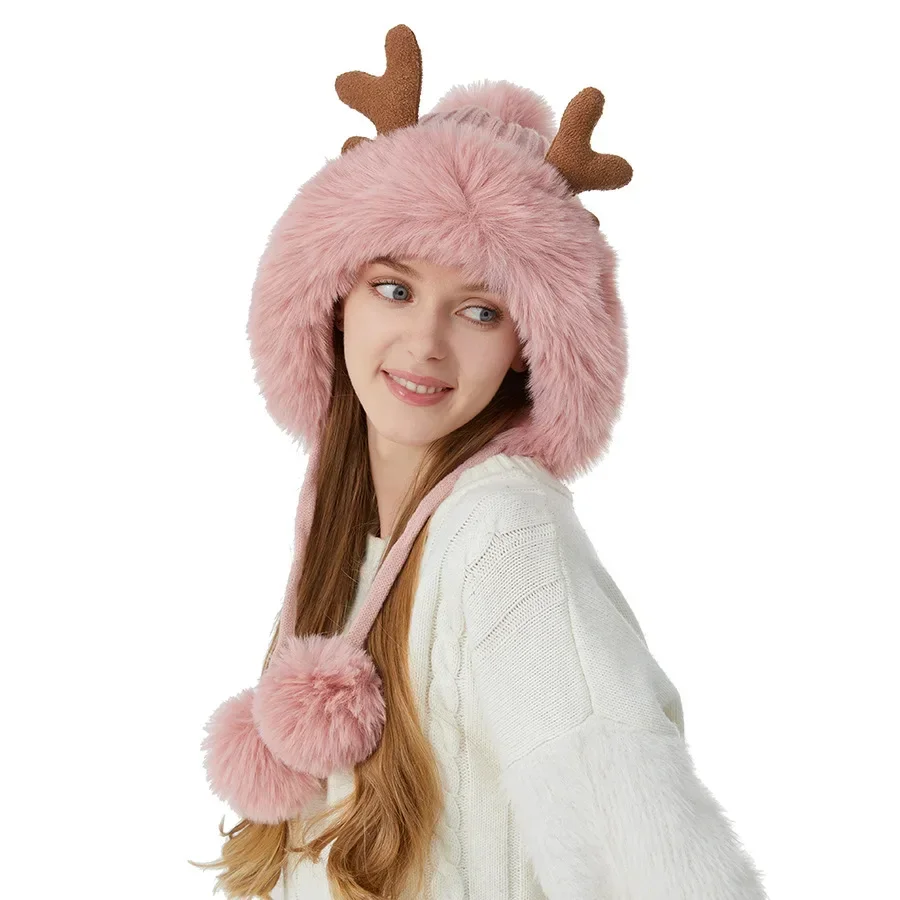 Christmas New Cute Antlers Three Hair Ball Knitted Hat Winter Wool Warm Plush Wool Hat Fashion and Leisure