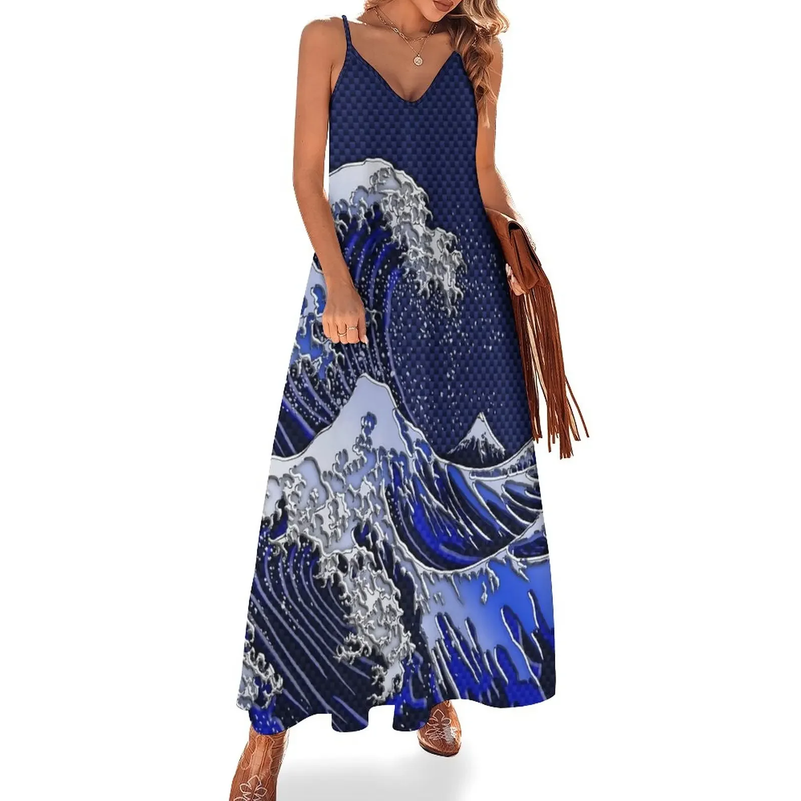 

The Great Hokusai Wave chrome carbon fiber styles Sleeveless Dress elegant women's dresses sale