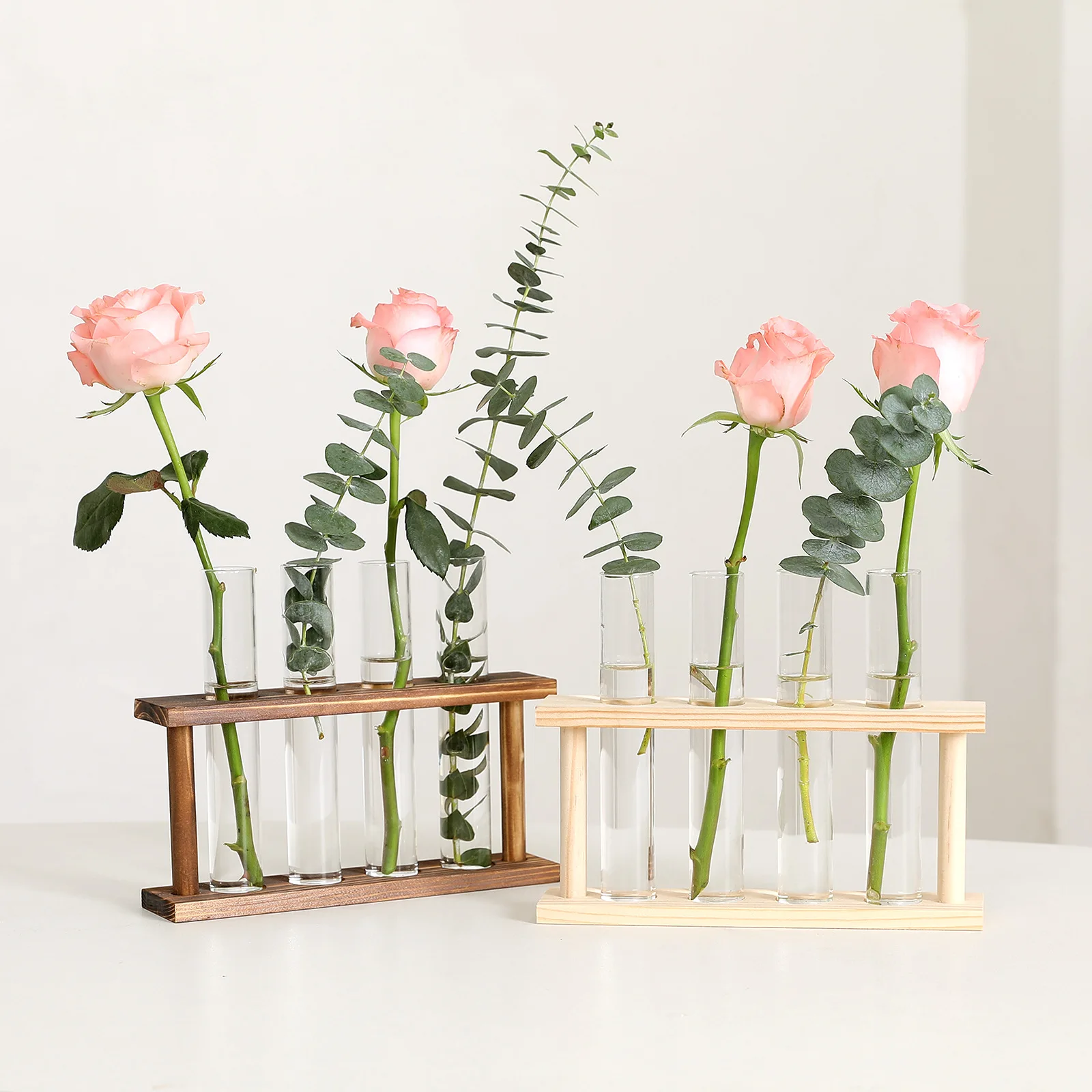 Wooden Frame Hydroponic Plant Vase Tabletop Test Tube Flower Arrangement Bottle Transparent Glass Vase Home Decoration Ornaments