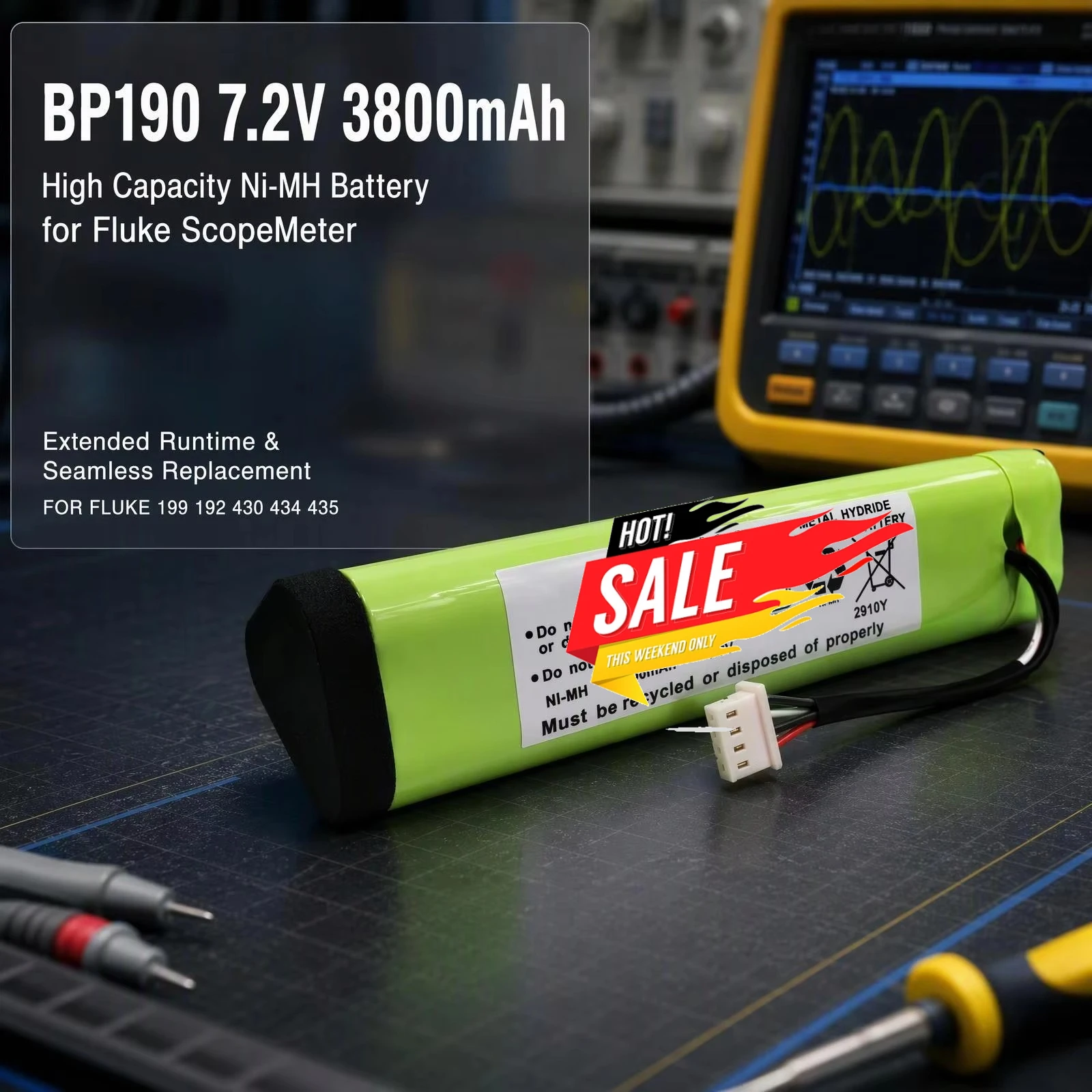 BP190 7.2V 3800mAh NiMH Replacement Rechargeable Battery for Fluke 199 192 Oscilloscope 430 434 435 ScopeMeter