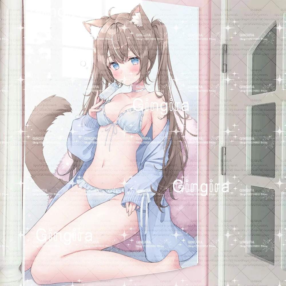 Cute Neko Girl with Cat Ears Anime Tapestry Pastel Blue Lingerie Wall Hanging for Dorm Bedroom Living Room Decor