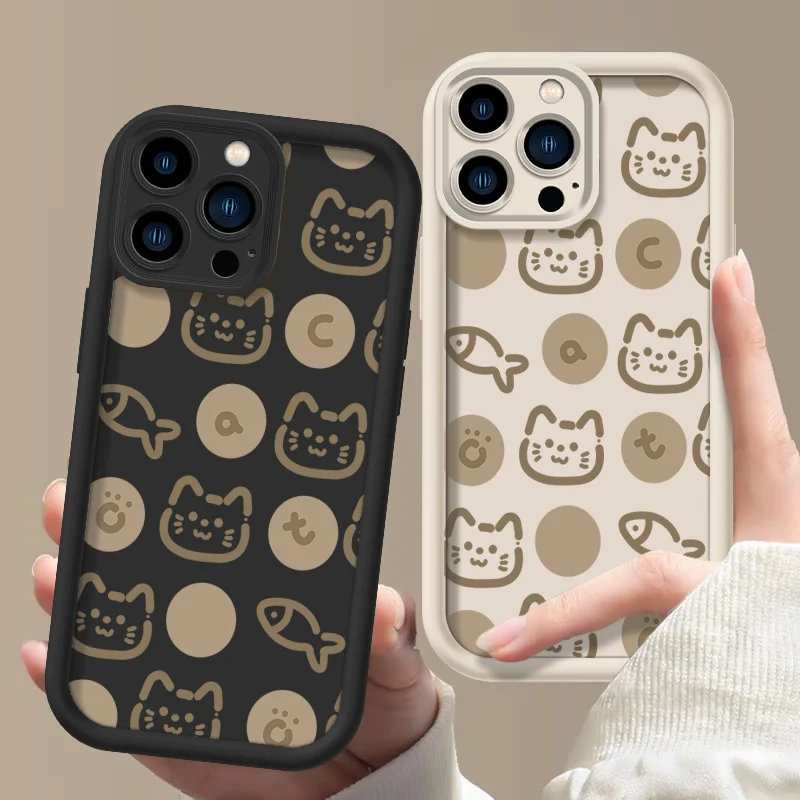 Cat And Fish Silicone Phone Case For iPhone 11 12 13 14 15 Pro Max XS X XR 7 8 15 6 Plus SE 2020 Camera Lens Protection Cover