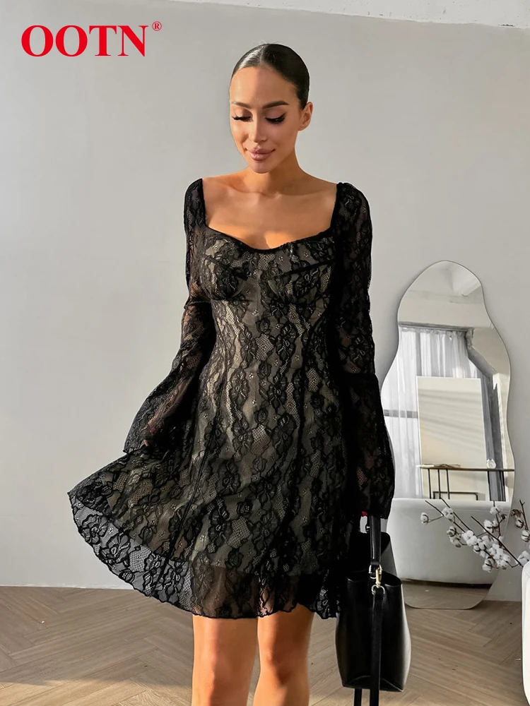 OOTN Black Jacquard Weave Evening Dress For Women Flare Sleeves Autumn 2024 A-Line Dress Party Square Collar Perspective Dresses