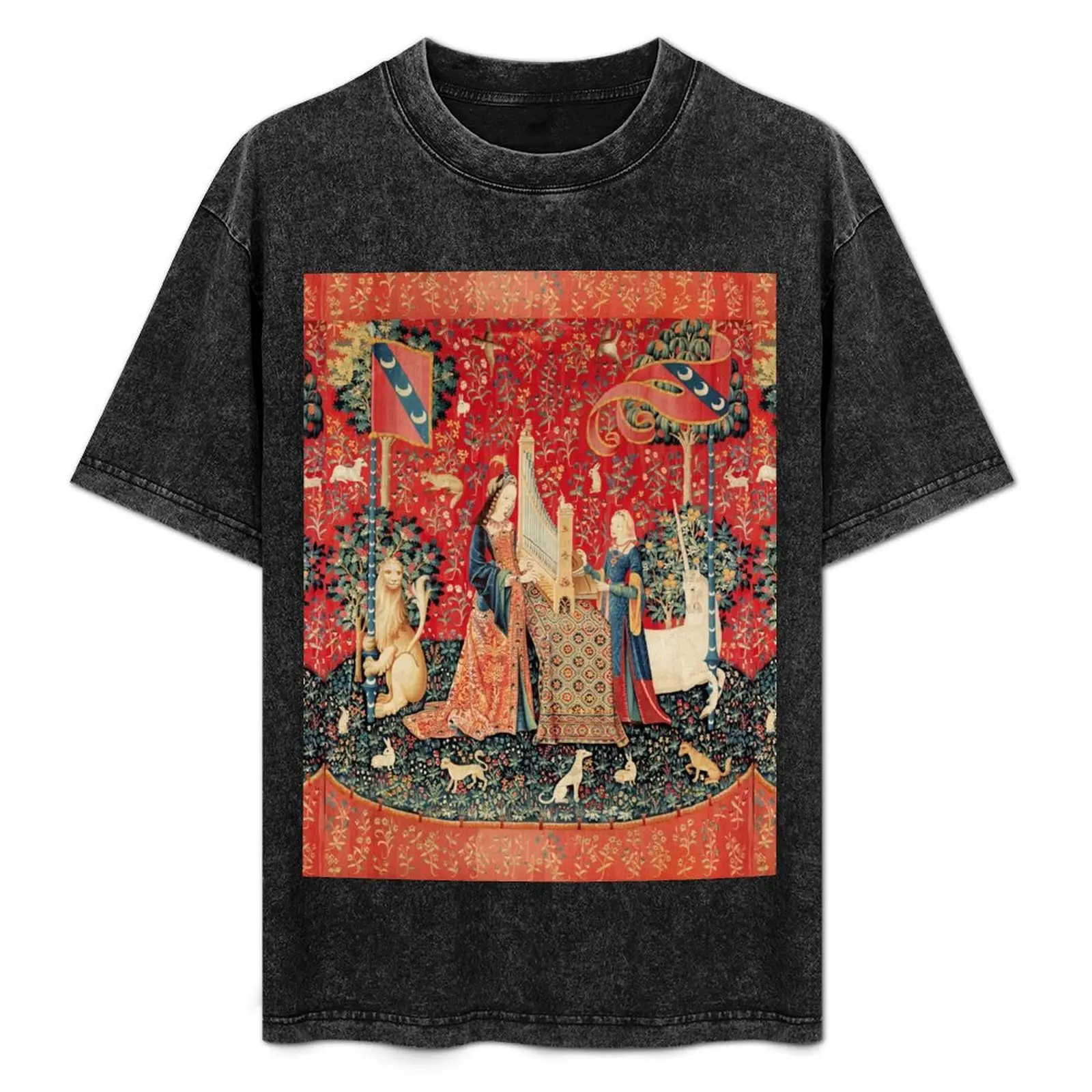 

UNICORN AND LADY PLAYING ORGAN WITH ANIMALS , Hearing T-Shirt luxury t-shirt T-shirts oversize fitted t shirts for men