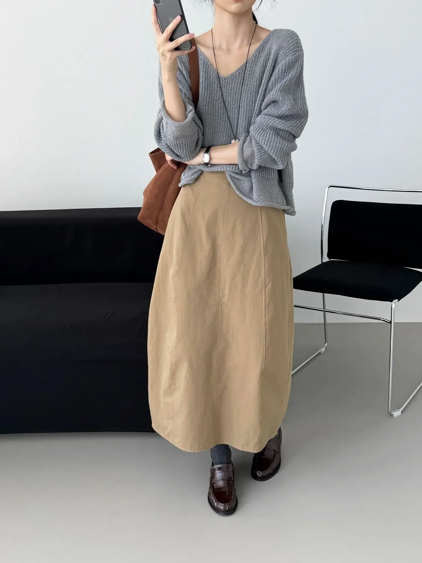 Media falda con diseño de algodón y seda de longitud media para mujer, cintura alta, estilo coreano, Color liso, sin decoración, tejido de algodón