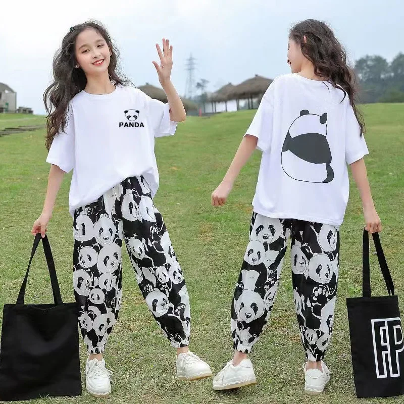 

2025 summer thin Kids white Children set Girls Clothes short panda loose T-Shirt + ankle-tie Pants Teenager 5 6 7 10 11 12 year