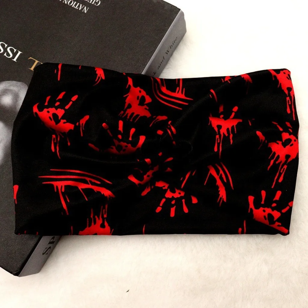 Halloween Headband for Women Wide Twisted Elastic Hairband Gothic Bat Skull Print Spooky Party Hair Accessories