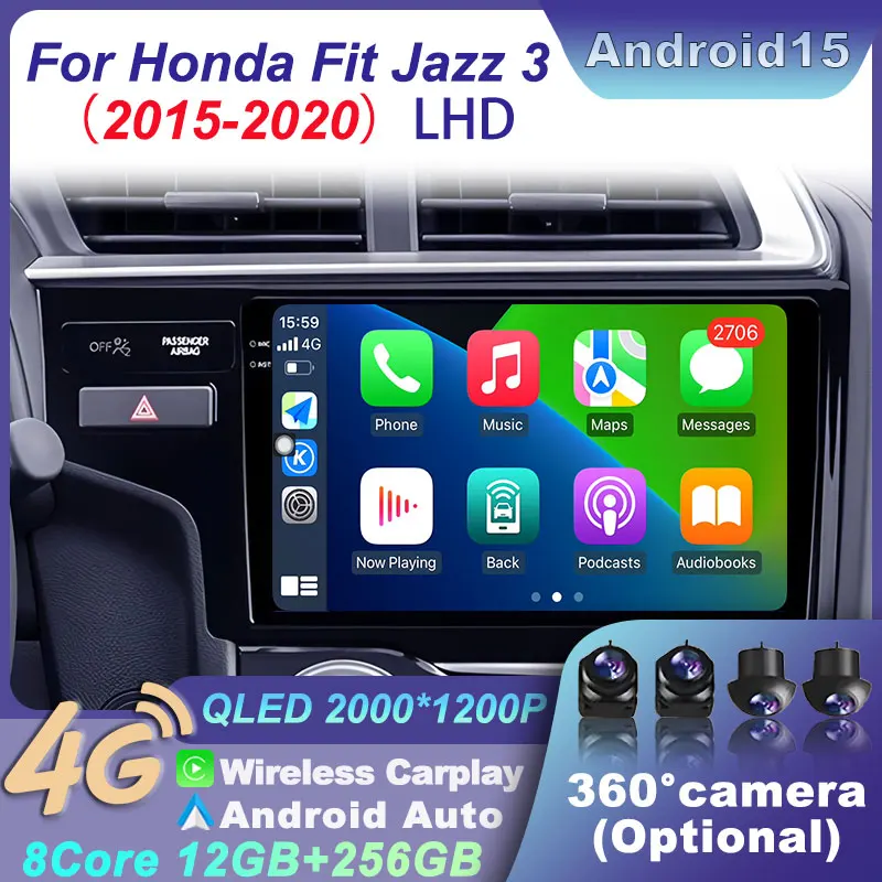 

For Honda Fit Jazz 3 2015-2020 GPS LHD Android 15 Car Auto Video Multimedia Player Wireless Navigation WIFI Stereo Radio Carplay