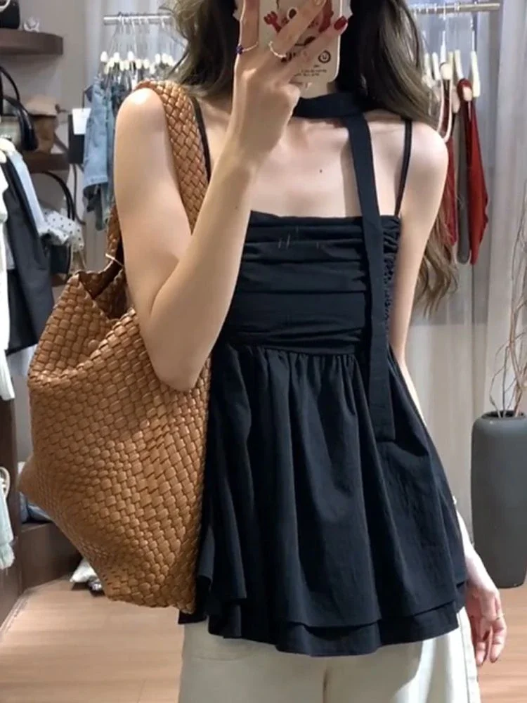 Y2k سترة فضفاضة ذات ثنيات سوداء جمالية 2025 صيفية هاراجوكو الجنية ضمادة قميص قصير حلو الجرونج نمط عطلة عتيق