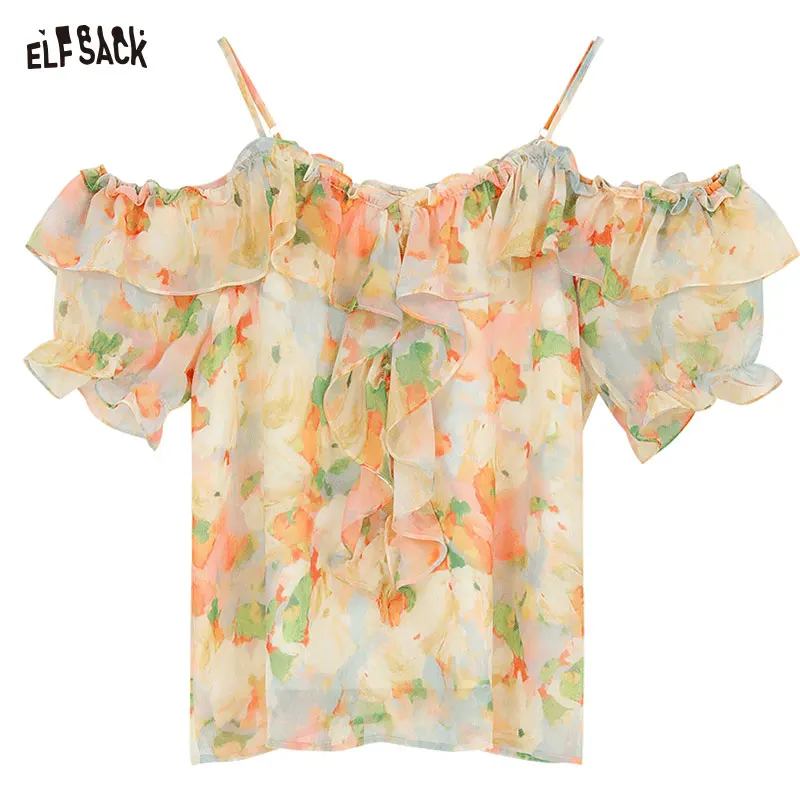 Elfsack 2024 Zomer Nieuwe Franse Ruche Rand Gefragmenteerde Bloem Hangende Riem Chiffon Top Voor Dames