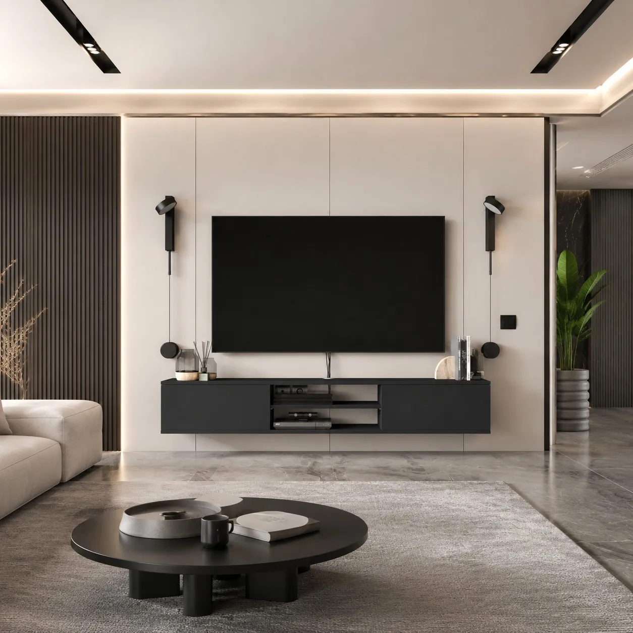 Atelier Mobili Floating TV Stand 70 Inch, Wall Mounted Media Console, Modern Gray TV Stand for 80 Inch TVs with Storage