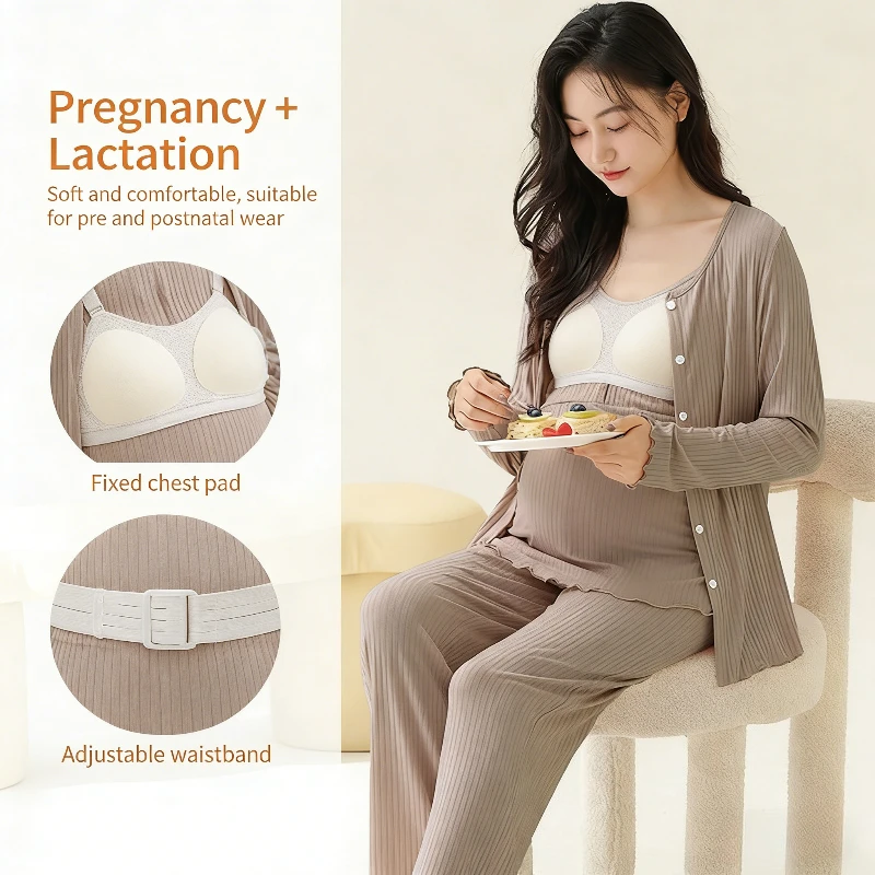 Modal Maternity Nursing Robe Set 3 Piece Postpartum Breastfeeding Pajamas with Chest Pads Hospital Labor Delivery Pregnancy Pjs