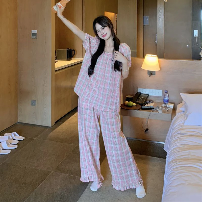 Plaid Women Pajamas Pants Set Woman 2 Pieces Korean Style Sleepwear Ruffles Pijama Summer Loungewear Night Wears Home Suit New