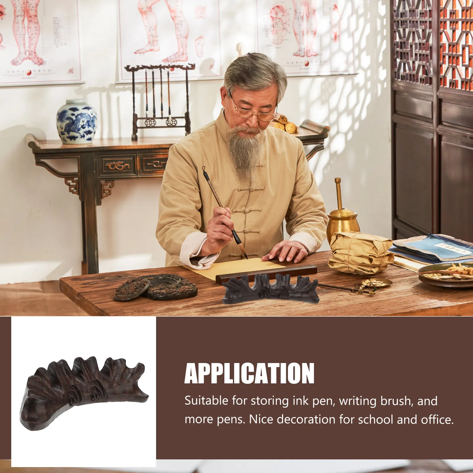 

Подставка для ручек из натурального цельного эбенового дерева, 1 шт., с устойчивой к царапинам поверхностью, деревянная полка для ручек для офиса и дома, подставка для хранения каллиграфических кистей