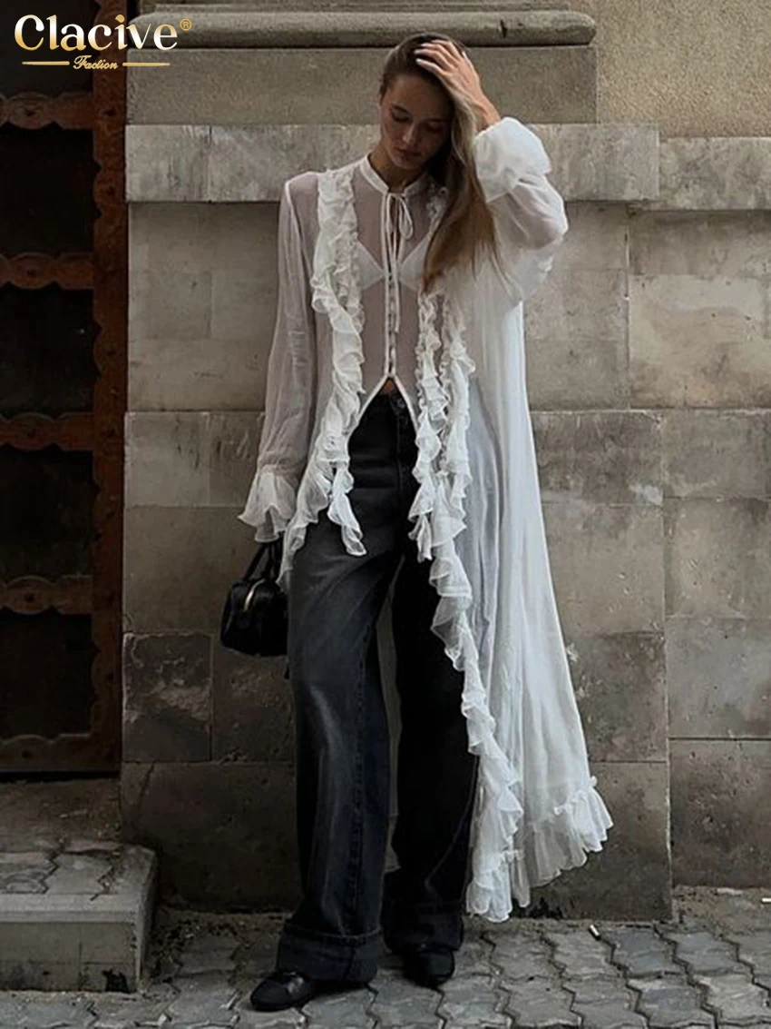 Clacive Sexy Loose White Women's Dress Fashion O-Neck Long Sleeve Ankle Length Dresses Elegant See Through Ruffle Female Dress