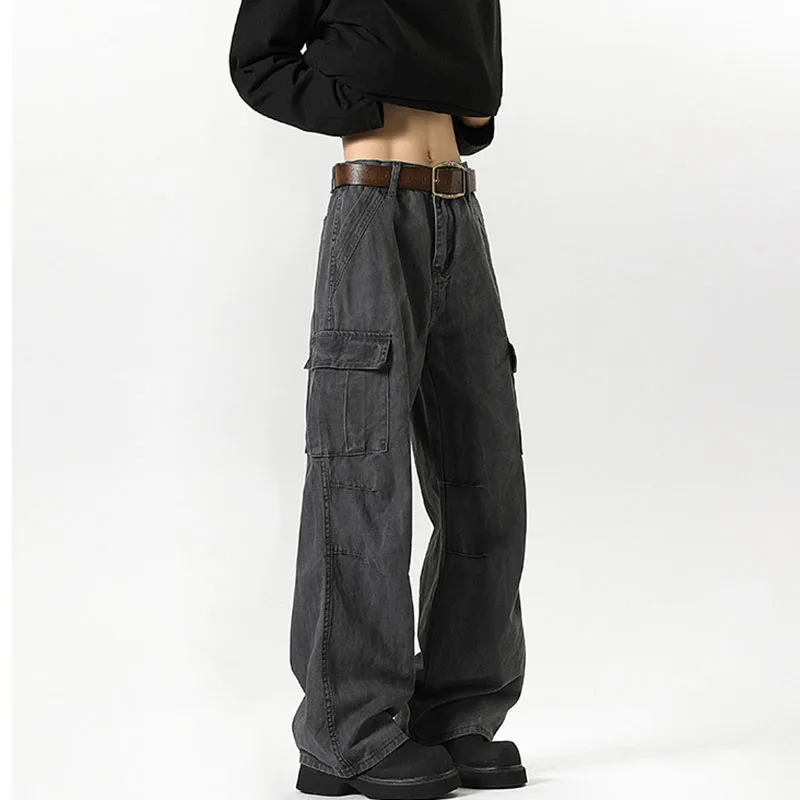 

Men's Loose Denim Straight-Leg Trousers Outdoor Activities Like Washed Cargo Jeans Classic Street Style Multiple Pockets Pants