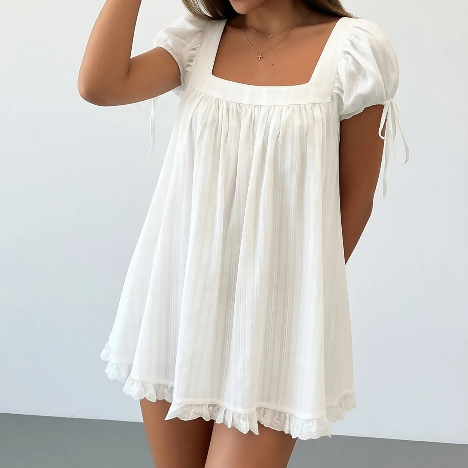 Women Square Neck Puff Sleeve Blouse Cottage Tie Cuff Lace Trim Loose Flowy Babydoll Top Summer Going Out Tunic Top