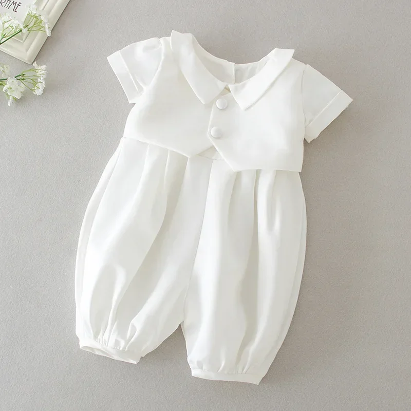 2024 Infant Short Sleeve Lapel Gentleman Bodysuit Set Baby Boy Ramadan Romper Muslin Kids Summer Christening Clothes with Hat