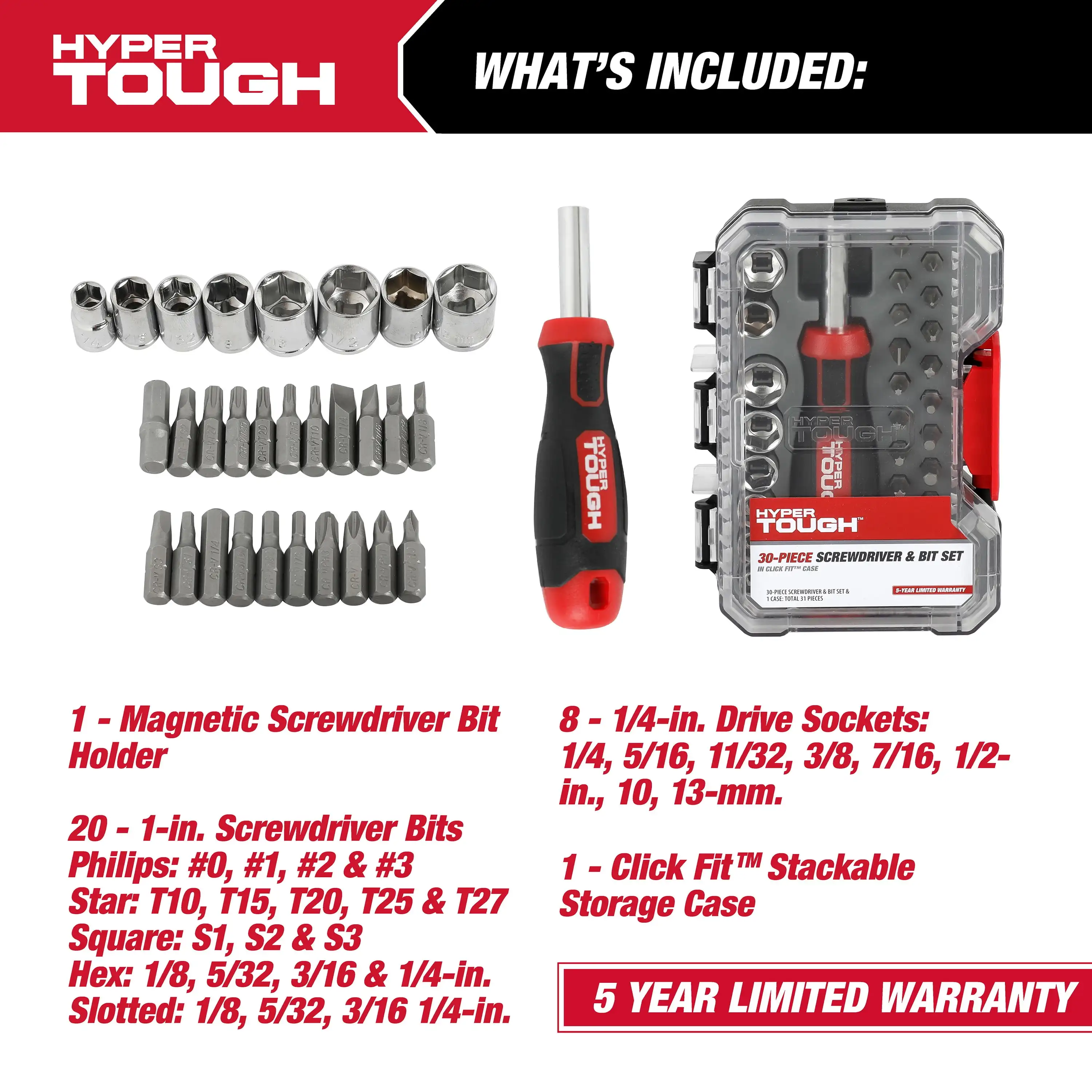 Hyper Tough 30 Piece Screwdriver and Bit Set in Click Fit™ Case, 42034CF, New