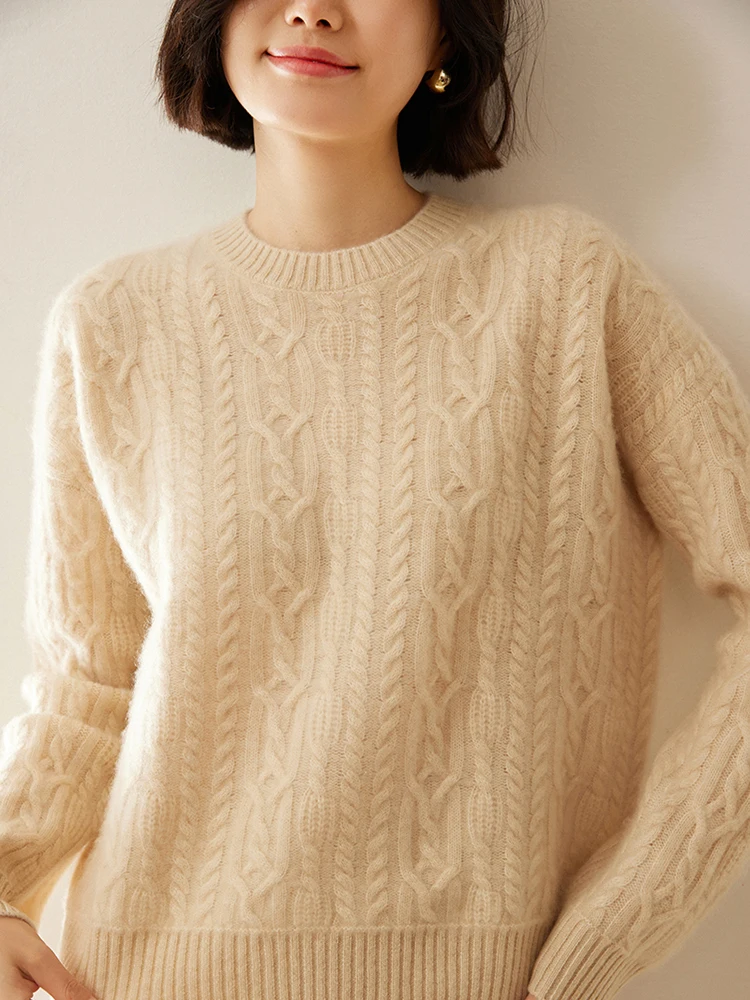 

New Chic Women Cashmere Cable Knit Sweater O-neck Pullover Autumn Winter Thick Long Sleeve 100% Cashmere Knitwear Vintage Style