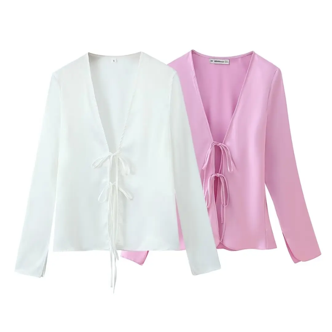 Spring and Summer New European and American Fashion Casual Versatile Style V-neck Long sleeved Bow Details Silk Satin Shirt