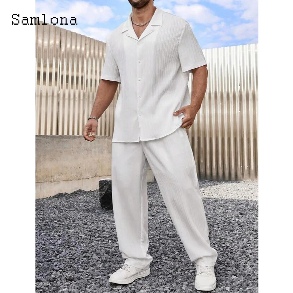 Plus Size Mens Casual Daily Two Piece Sets 2025 Short Sleeve Basic Tops and Straight Pants Suit Male Fashion Tracksuits Set New