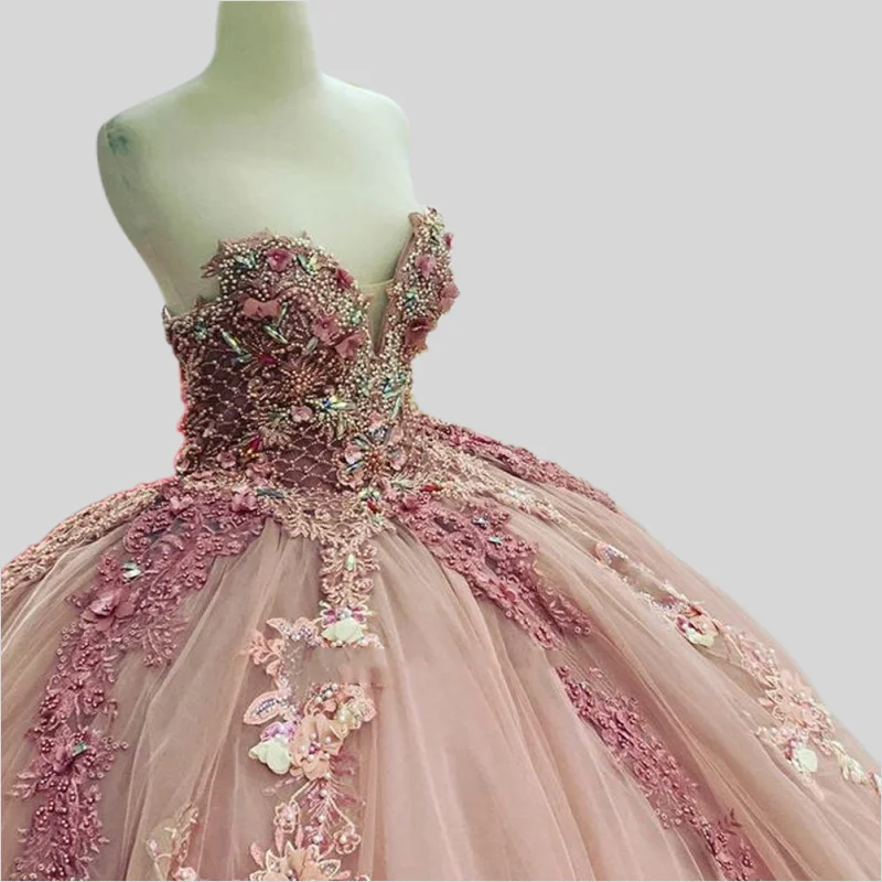 Rosa quinceanera vestidos de baile querida tule apliques pérolas inchado mexicano doce 16 vestidos 15 anos