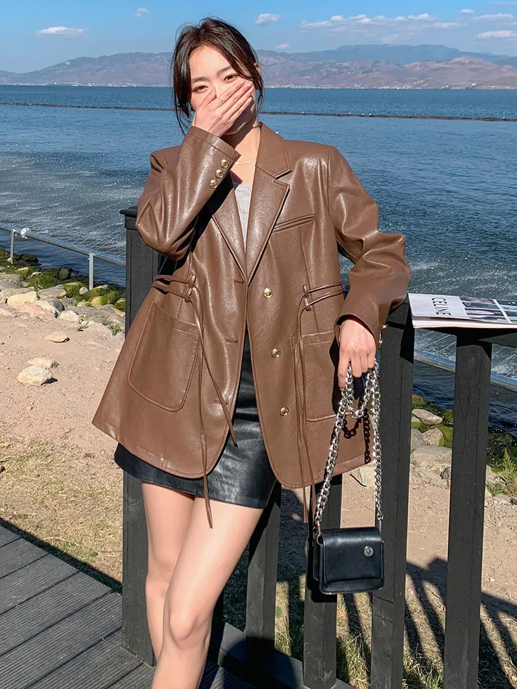 Loose Fit Brown Button Pu Leather Big Size Jacket New Lapel Long Sleeve Women Coat Fashion Tide Spring Autumn 2023