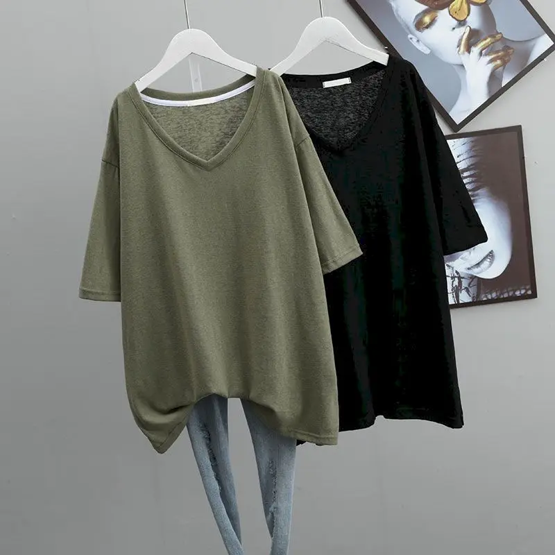 

Cotton T-shirts for Women Summer Trend Thin V-neck Short Sleeve Top Fashion Solid Color Loose Tshirt Korean Simple Oversozed Tee