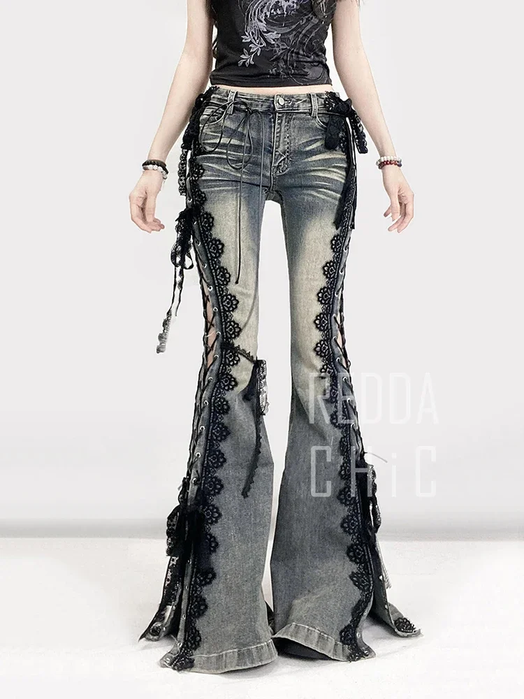 IMU Eyelets Lace Up Flare Jeans Retro Stitch Lace Whiskers Slim Low Rise Split Bootcut Pants Women Bell Bottoms Streetwear