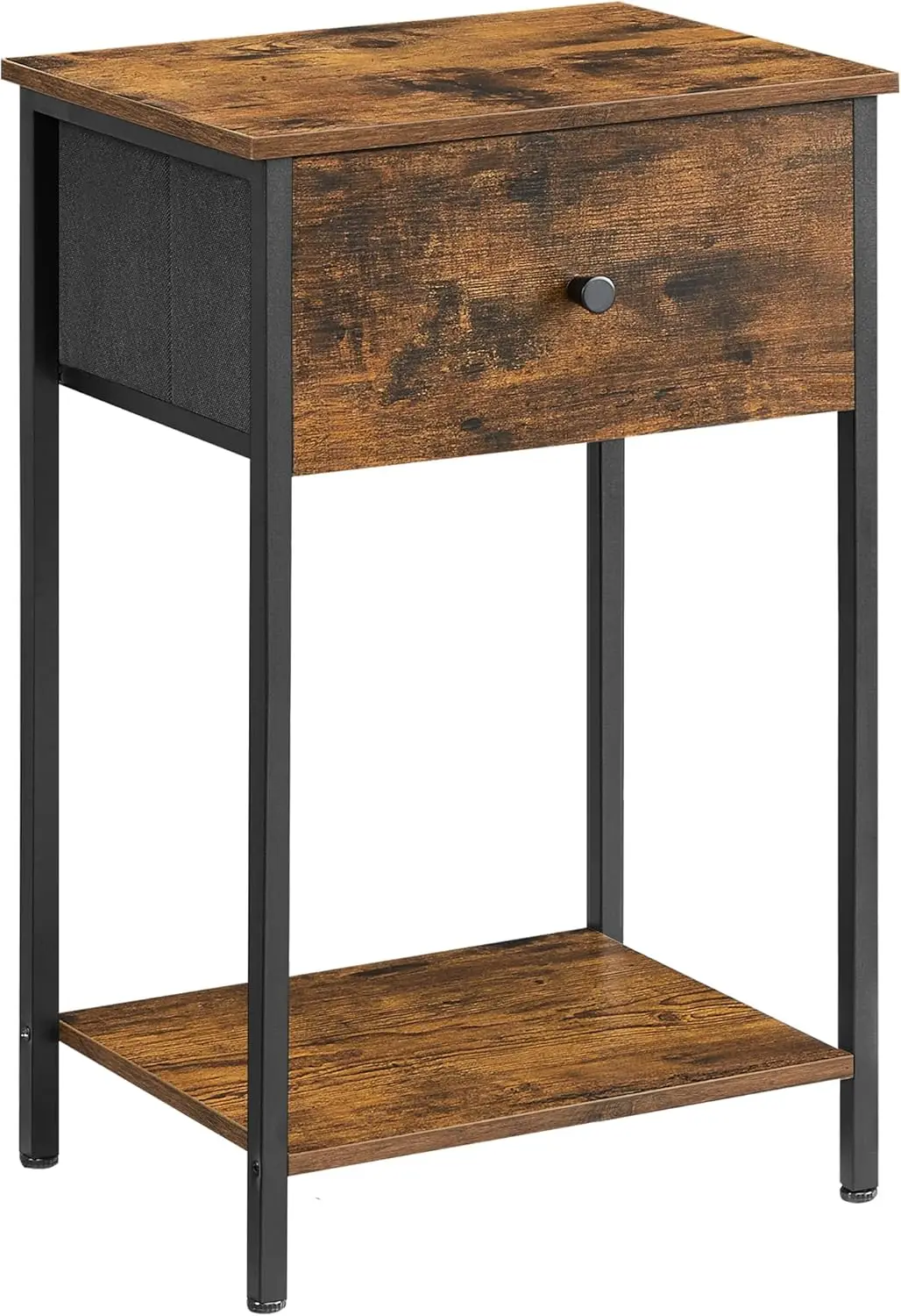 

Rustic Brown and Black Nightstand with Fabric Drawer, 24-Inch Tall End Table for Bedroom Storage