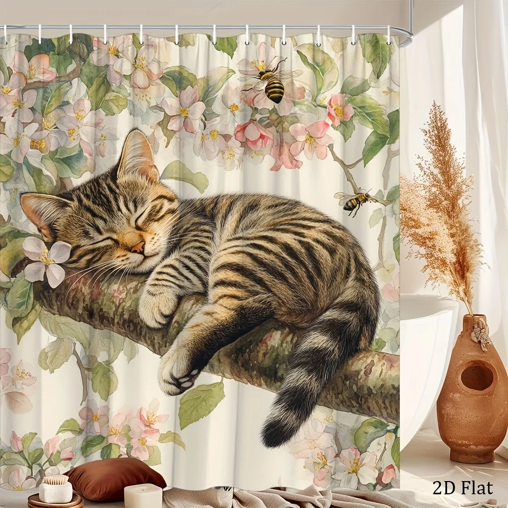 Cute Sleeping Cat Floral Spring Shower Curtain Bathroom Decor Pet Lover Nursery Shower Curtain