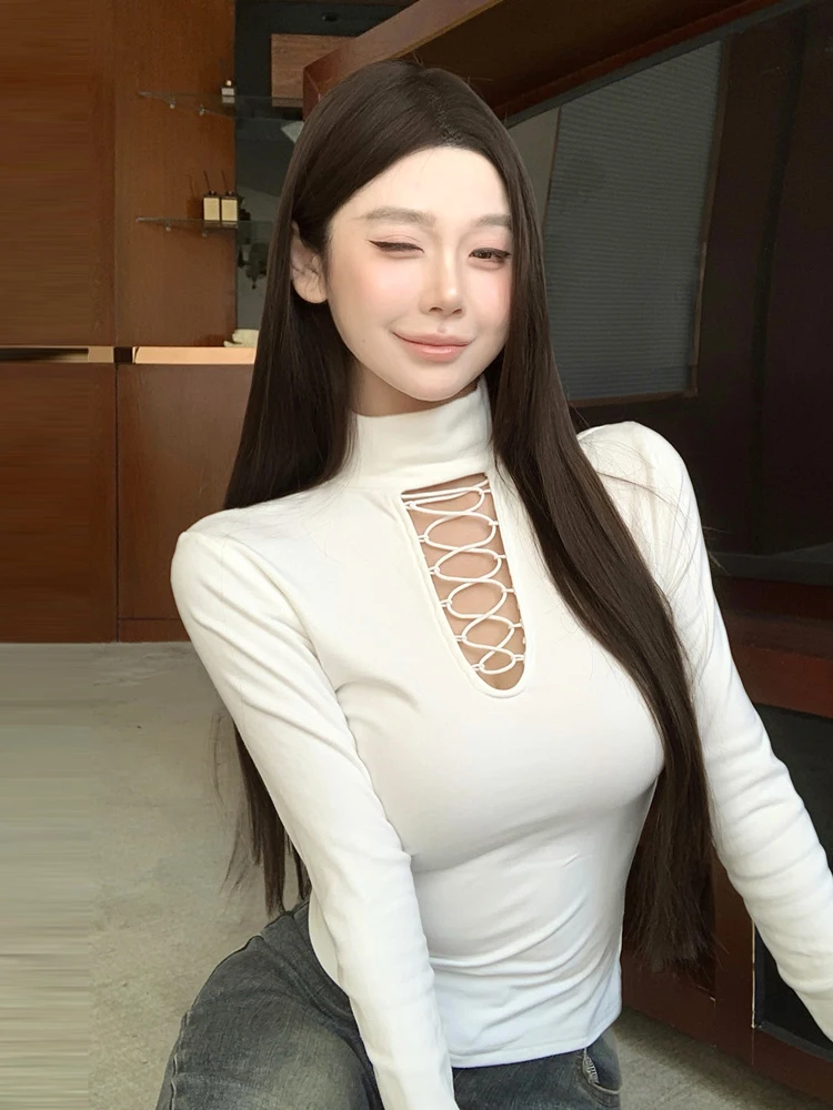 

Foamlina Women's Criss-cross Hollow Out Long Sleeve Bottom Shirt 2025 Fall Winter Solid Half High Neck Brushed Base Layer Tops