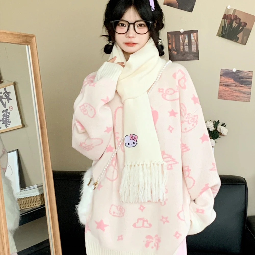 

Милый свитер Sanrio, Рождественский вязаный свитер «Hello Kitty», каваи, аниме, топы с фигурками, милая девушка, студенческий тренд, свободный свитер