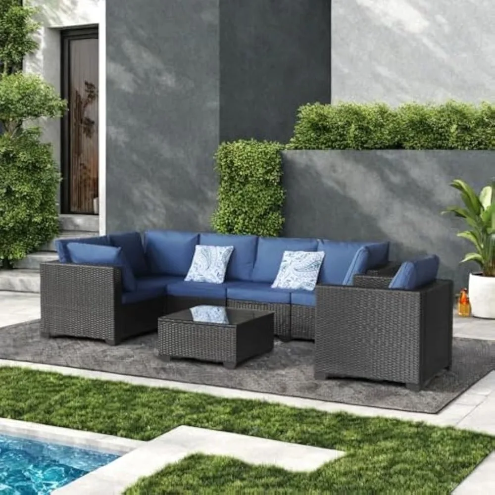 

7 Piece Outdoor Patio Furniture Set, Wicker Patio Conversation Sets with Rattan Chair and Glass Table, All Weather Outdoor Secti