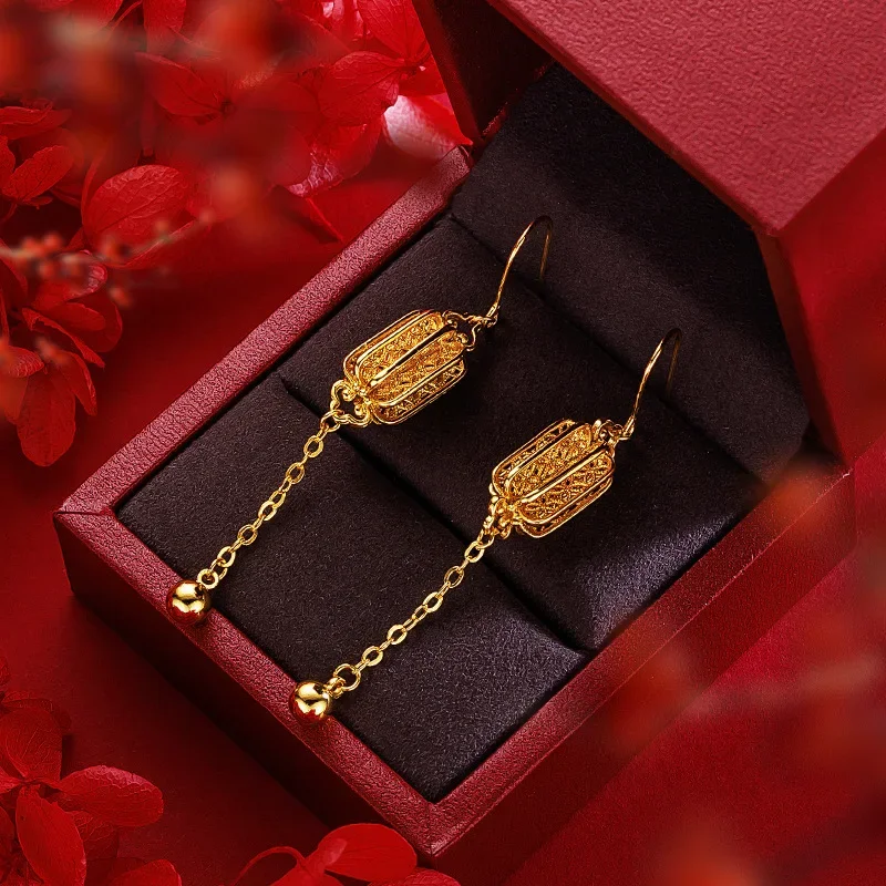 Women Temperament 9999 24K Real Gold Bridal Wedding Flower Earrings Ear Hooks Multiple Butterfly Tassel Earrings for Mother