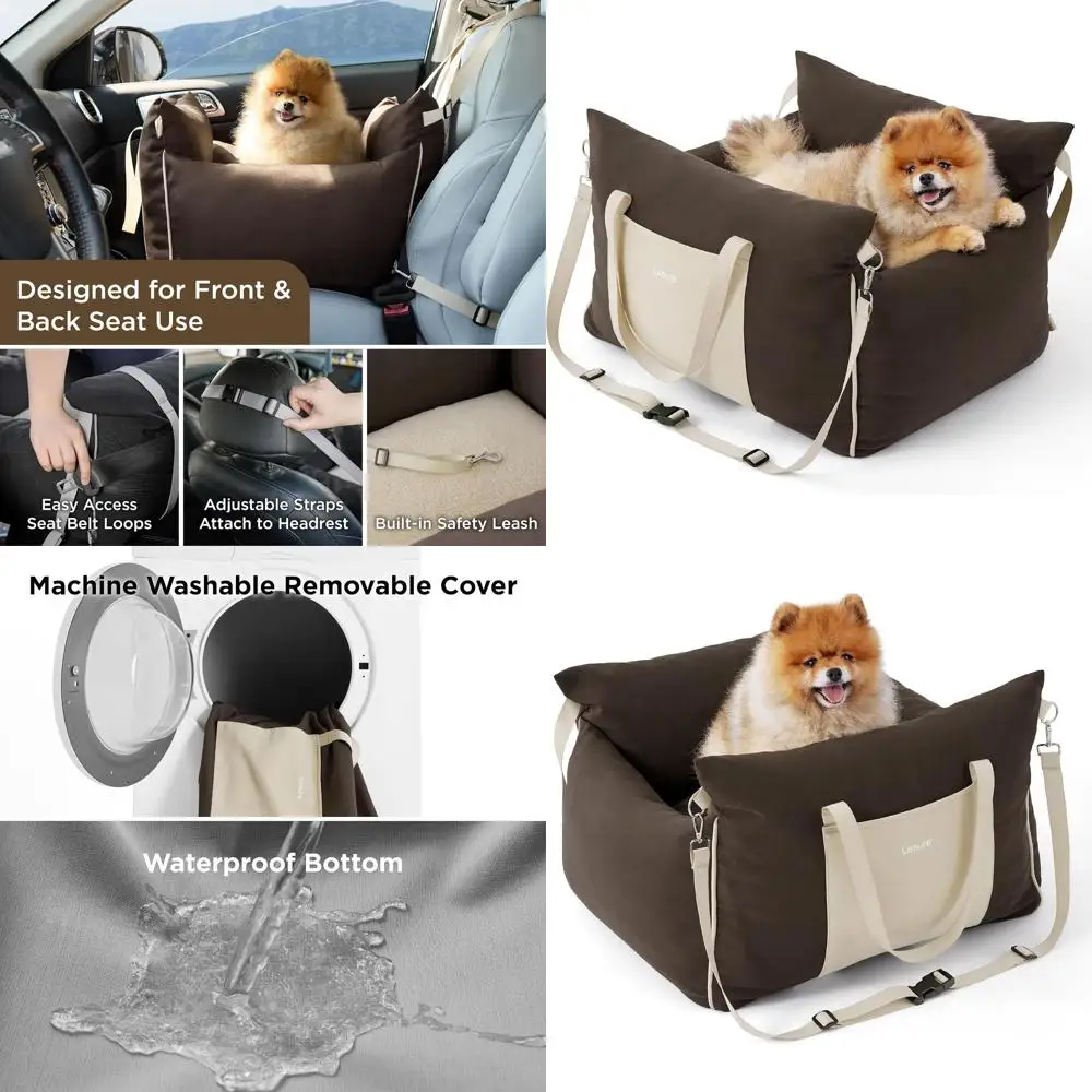

Компактное автокресло для собак из пены с эффектом памяти с отделением для хранения и защитным поводком, коричневая дорожная кровать для домашних животных