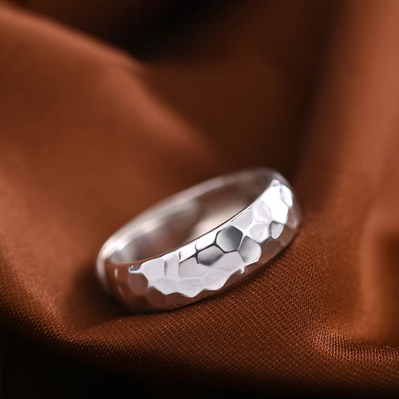 ZABRA 999 Sterling Silver Hammer Pattern Plain Ring for Men and Women Single Ring Gift for The Year of The Loong