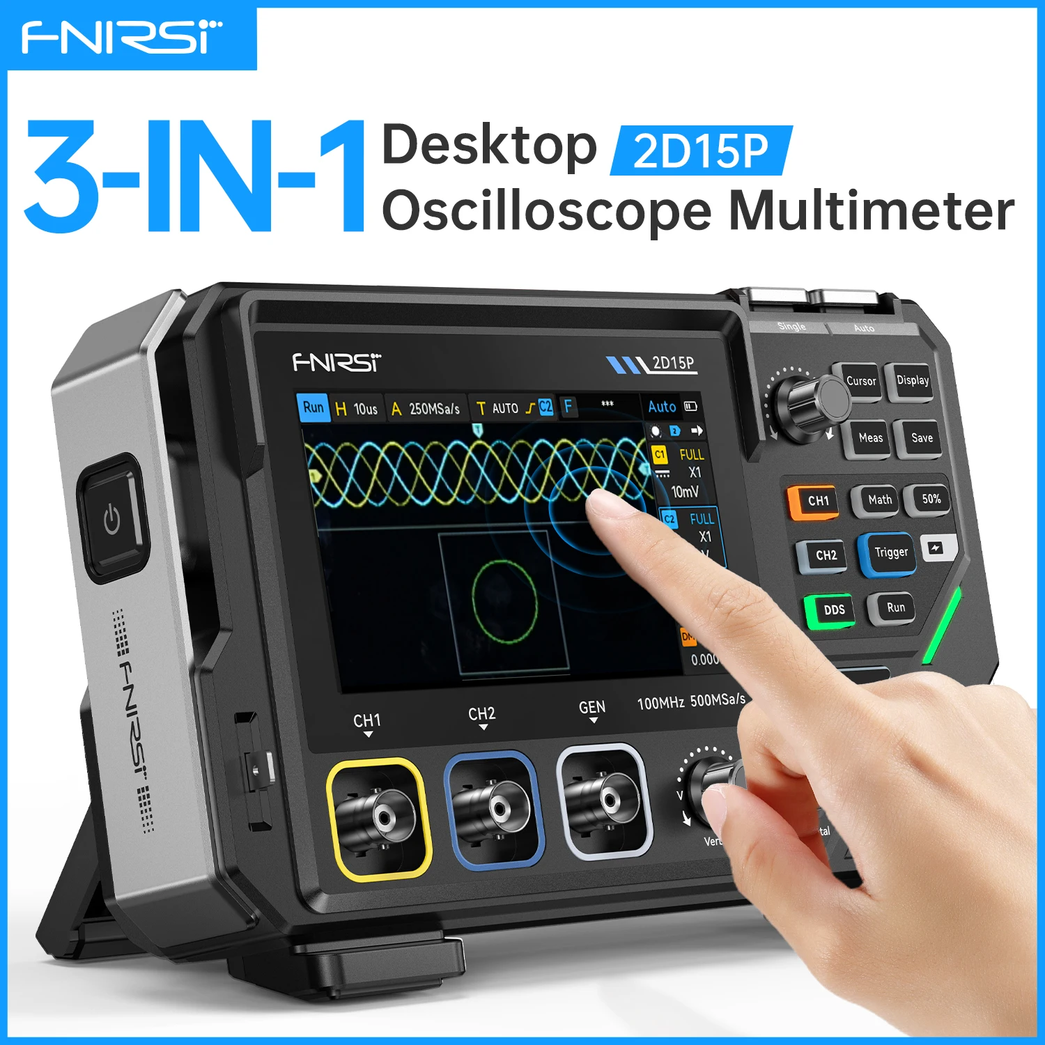 FNIRSI 2D15P Touch Screen Digital Oscilloscope Multimeter Signal Generator 3-in-1 Dual Channel 100MHz 500MSa/s 20000 Counts