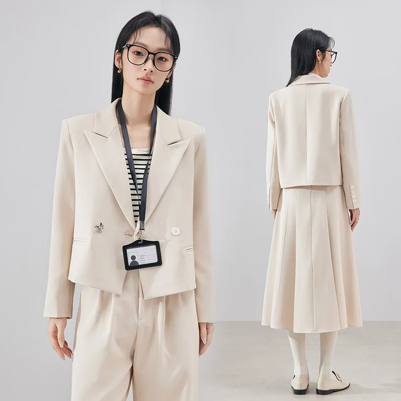 

Абрикосовый короткий повседневный элегантный маленький пиджак для женщинOLПространство на рабочем месте Профессиональная одежда Женский костюм Спецодежда