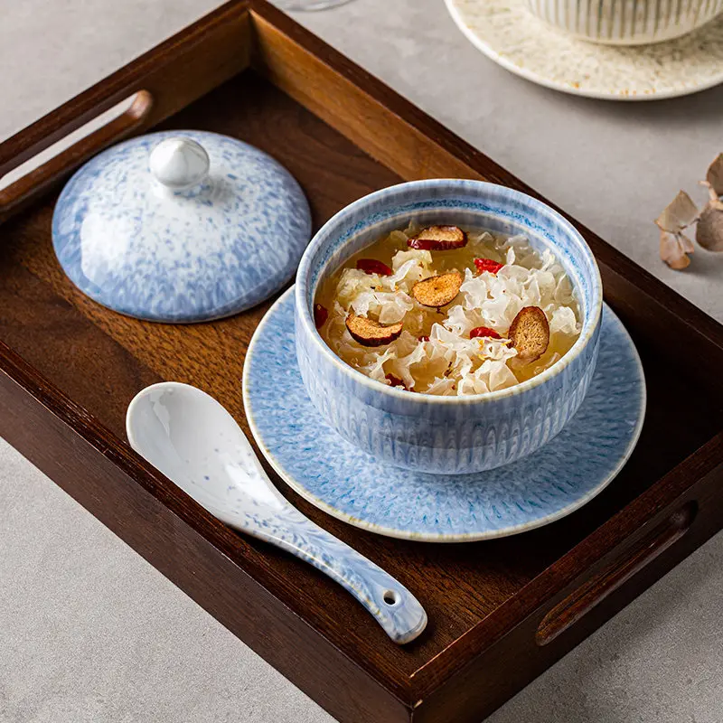 Japanese Ceramic Stew Pot with Lid Steaming Egg Bowl Water Bath Stew Bowl for Bird Nest Dessert Tableware Stew Set