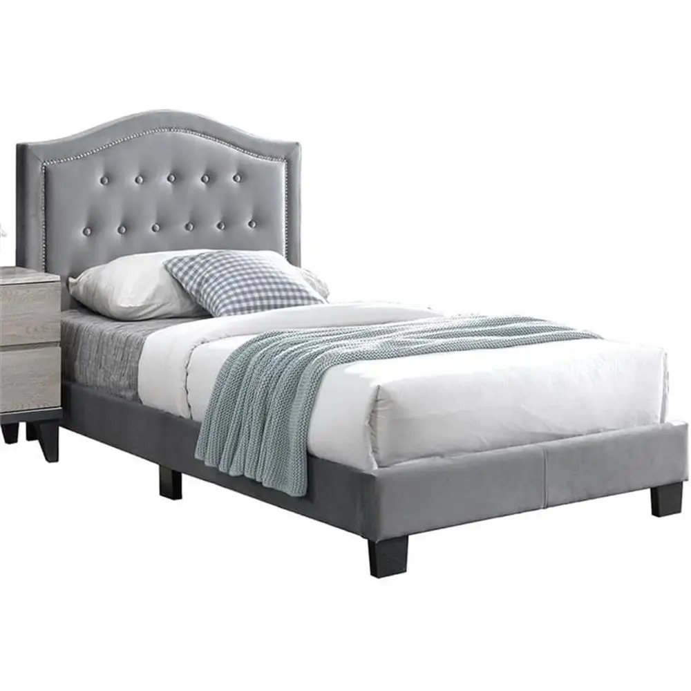 

Серая велюровая кровать размера Twin из фанеры с деревянными ламелями, без пружинного блока, простая сборка